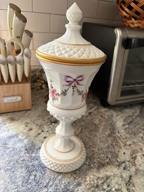 Vintage Milk Glass Lidded Urn w/ Gold Trim & Floral Detail